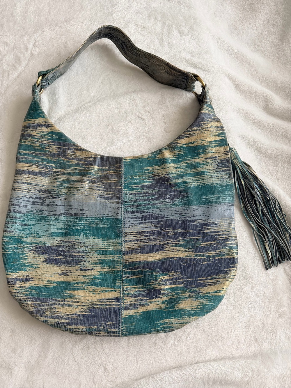 HOBO Gardner Leather Cracked Glass Teal and Navy Shoulder Hobo with Tassel